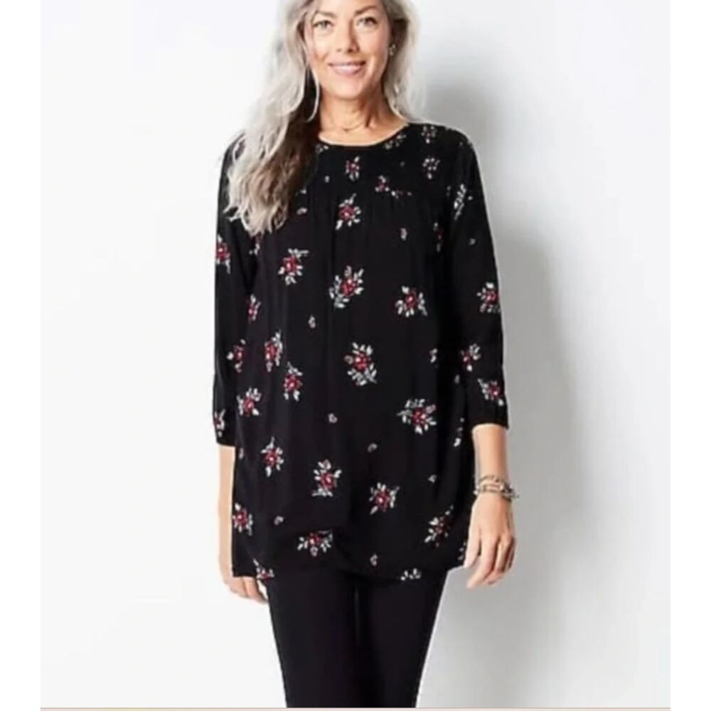 J. Jill Dark Floral Ruched Top Long Tunic Length Top Roses Mini Dress Size M